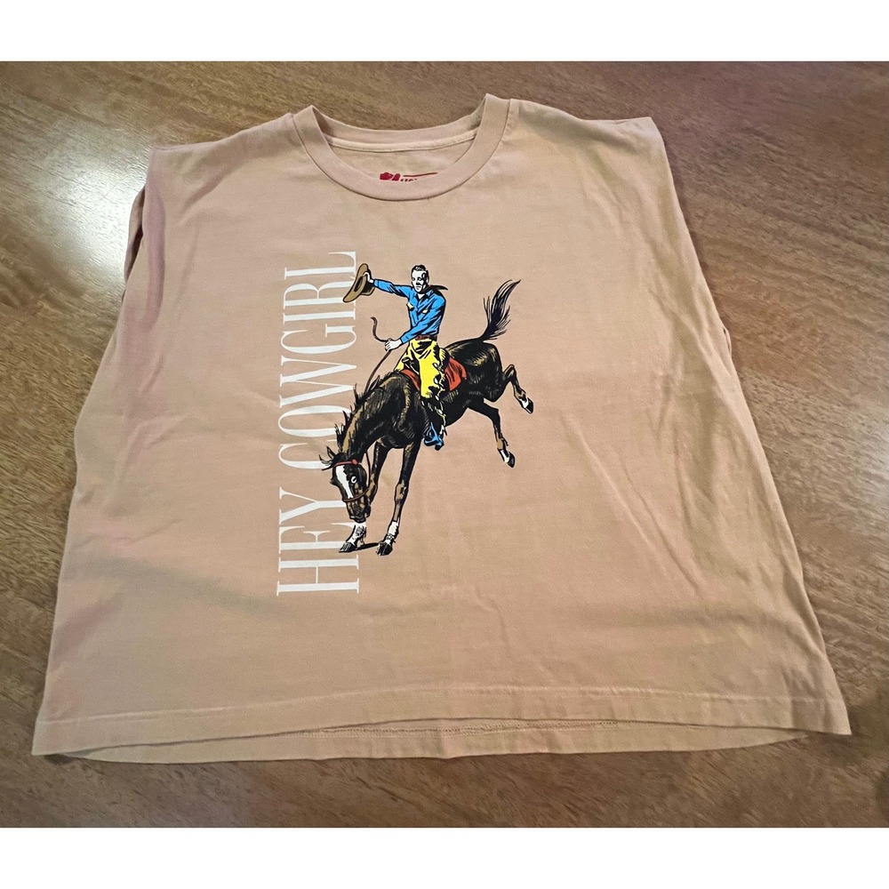 Howdy Hanny Hey Cowgirl Graphic‎ Muscle Tee Tan Western Sleeveless Shirt XL